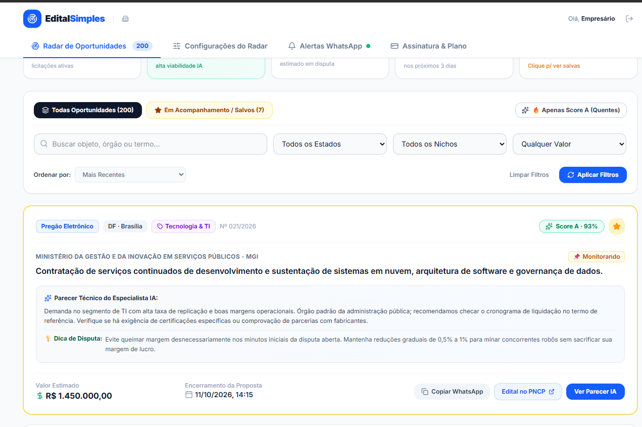 Painel do EditalSimples com radar de oportunidades, filtros, score de IA e ações de acompanhamento